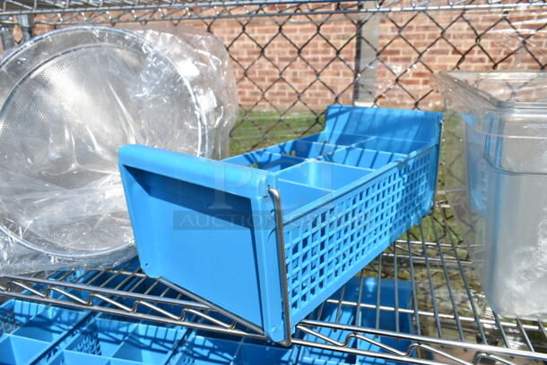 Chrome Finish 5 Tier Shelving Unit w/ Contents Including Blue Silverware Caddies, China Cap Strainers. BUYER MUST DISMANTLE. PCI CANNOT DISMANTLE FOR SHIPPING. PLEASE CONSIDER FREIGHT CHARGES.  - Image 5 of 12