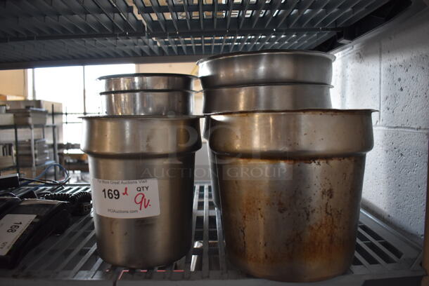 ALL ONE MONEY! Lot of 9 Various Stainless Steel Cylindrical Drop In Bins. Includes 9.5x9.5x8.5