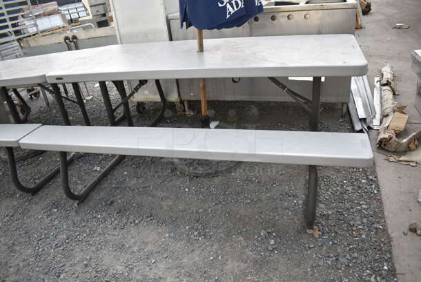 Lifetime Gray Poly Picnic Table on Black Metal Frame w/ Samuel Adams Patio Umbrella.  - Image 2 of 5