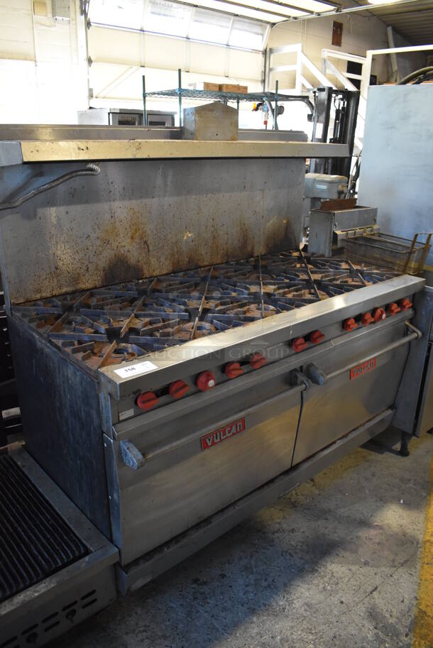 Vulcan Stainless Steel Commercial Natural Gas Powered 10 Burner Range w/ 2 Ovens, Over Shelf and Back Splash. 60x32x60 - Image 1 of 6
