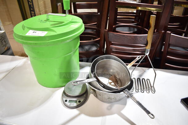 ALL ONE MONEY! Lot of Various Items Including Choice Green Poly Lettuce Spinner, Metal Sauce Pans, Masher and Scale.  - Image 1 of 7