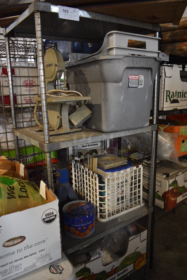 ALL ONE MONEY! Lot of Metro Gray 4 Tier Shelving Unit w/ Contents Including Inland Saw and Poly Bins. BUYER MUST DISMANTLE. PCI CANNOT DISMANTLE FOR SHIPPING. PLEASE CONSIDER FREIGHT CHARGES. 30x21x75