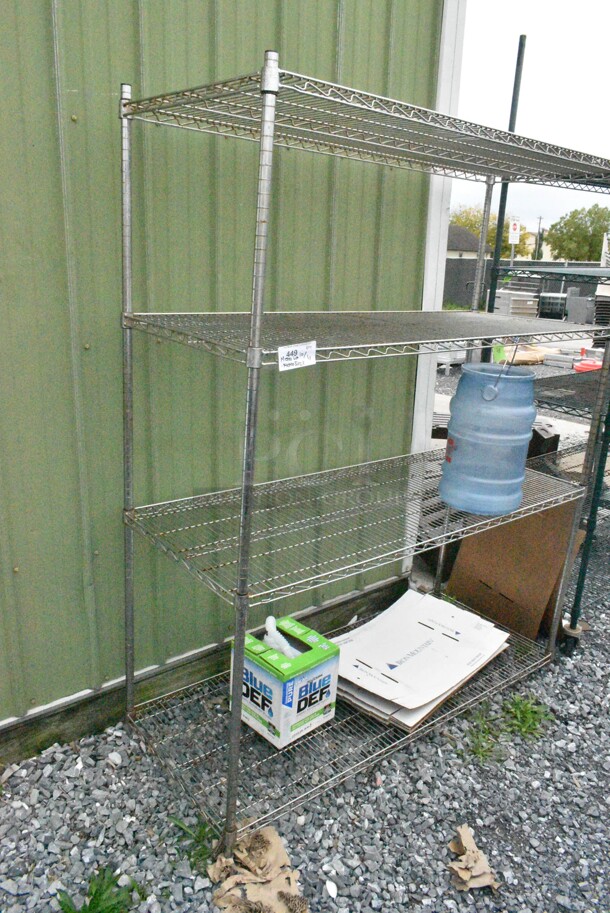 Chrome Finish 4 Tier Wire Shelving Unit w/ Contents including Ice Bucket. BUYER MUST DISMANTLE. PCI CANNOT DISMANTLE FOR SHIPPING. PLEASE CONSIDER FREIGHT CHARGES. - Image 2 of 7
