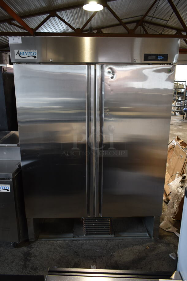 BRAND NEW SCRATCH AND DENT! 2023 Avantco 447AP49FO Stainless Steel Commercial 2 Door Reach In Freezer w/ Poly Coated Racks. 115 Volts, 1 Phase. Tested and Working!