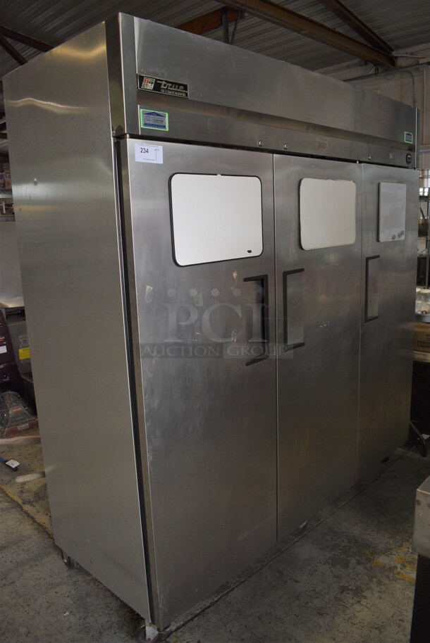 True Model TM-74 Stainless Steel Commercial 3 Door Reach In Cooler w/ Poly Coated Racks on Commercial Casters. 115 Volts, 1 Phase. 78x30x83. Tested and Powers On But Does Not Get Cold