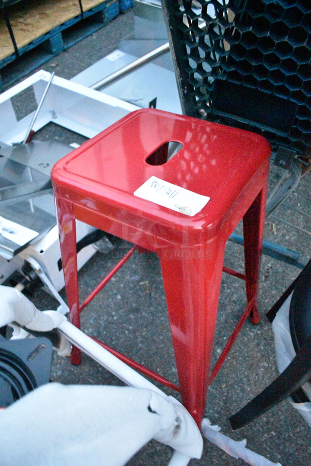 ALL ONE MONEY! Lot of Metal Patio Chair, Stool Leg Frame, Black Dining Height Chair, Red Tolix Style Chair, Red Milk Crate - Image 4 of 5