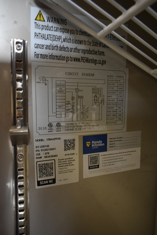 BRAND NEW SCRATCH AND DENT! 2023 Avantco 178AU27FHC Stainless Steel Commercial Single Door Undercounter Freezer on Commercial Casters. 115 Volts, 1 Phase. Tested and Working! - Image 4 of 4