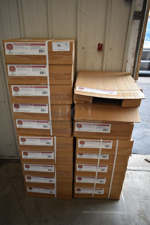 18 Boxes of 10 BRAND NEW! 416-25152 U Maroon Ecoprep EPP 15" Thin Line Floor Maintenance Pads. One Box Only Has 2 Pads. 18 Times Your Bid! - Image 1 of 4