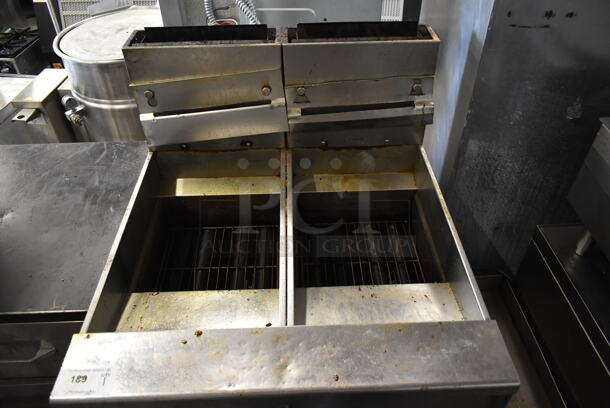 Pitco Frialator SG14 Stainless Steel Commercial Floor Style Natural Gas Powered Double Bay Deep Fat Fryer w/ Filtration System and Grease Trap. 110,000 BTU.  - Image 2 of 11