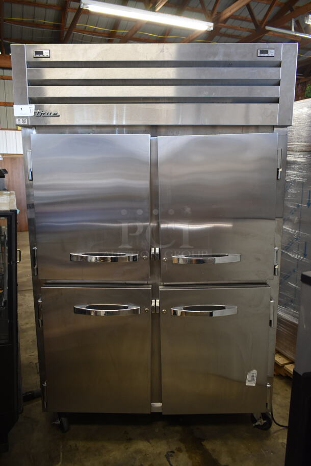 2017 True STR2DT-4HS Stainless Steel Commercial 4 Half Size Reach In Dual Temperature Cooler and Freezer w/ Poly Coated Racks on Commercial Casters. 115 Volts, 1 Phase. Tested and Freezer Side is Working and Cooler Side Needs Refrigerant To Work