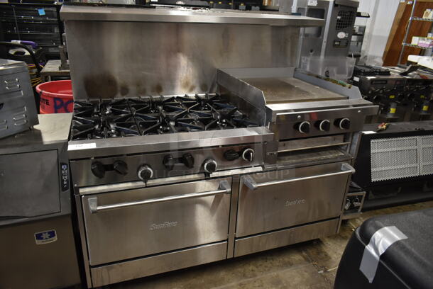 Garland SunFire X60-6R24RR Stainless Steel Commercial Natural Gas Powered 6 Burner Range w/ Right Side Flat Top Griddle, 2 Ovens, Over Shelf and Back Splash. - Image 2 of 12