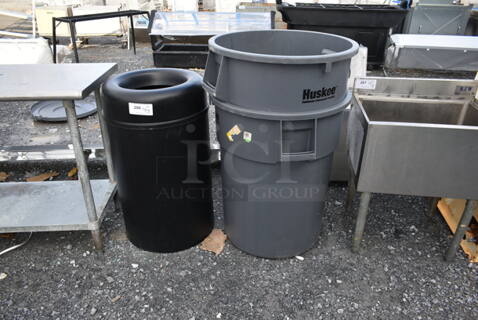ALL ONE MONEY! Lot of 2 Huskee Gray Poly Trash Cans and 1 Black Trash Can. 