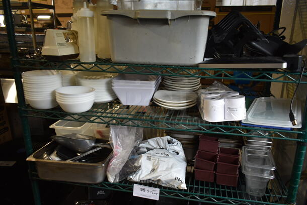 ALL ONE MONEY! Five Tier Lot of Various Items Including Stainless Steel Drop In Bins and Dishes. Does Not Include Shelving Unit. - Image 5 of 6