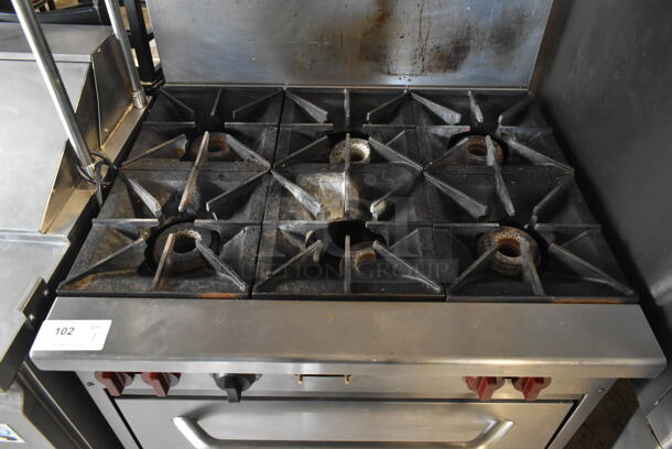 Vulcan Stainless Steel Commercial Natural Gas Powered 6 Burner Range w/ Oven, Over Shelf and Back Splash on Commercial Casters.  - Image 2 of 6