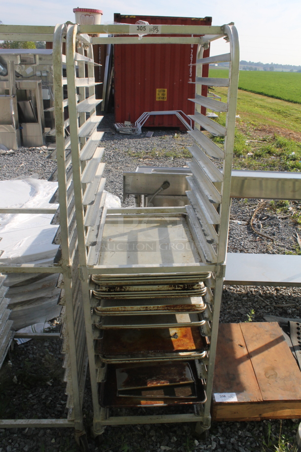 Metal Commercial Pan Transport Rack w/ 15 Metal Baking Pans on Commercial Casters. - Image 1 of 2