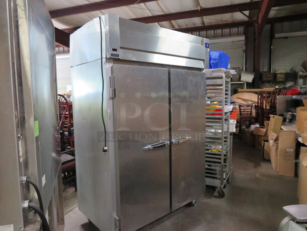 One McCall 2 Door Stainless Steel Freezer/And Or Refrigerator, With 6 Racks On Casters. 115 Volt. Model# 4-4045UFC. 55X33X85
