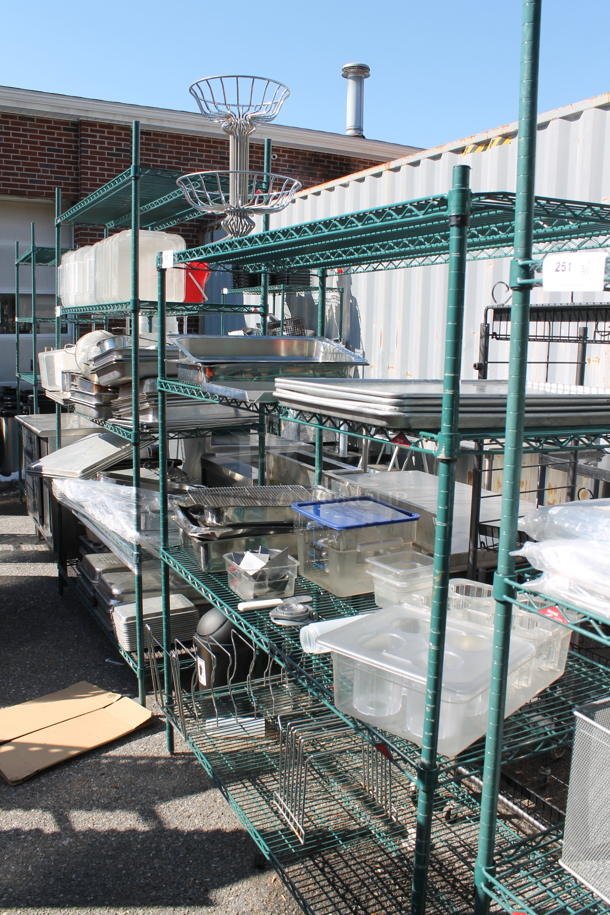 Metro Green Metal 4 Tier Wire Shelving Unit w/ Contents Including Poly Bins. BUYER MUST DISMANTLE. PCI CANNOT DISMANTLE FOR SHIPPING. PLEASE CONSIDER FREIGHT CHARGES. - Image 1 of 5