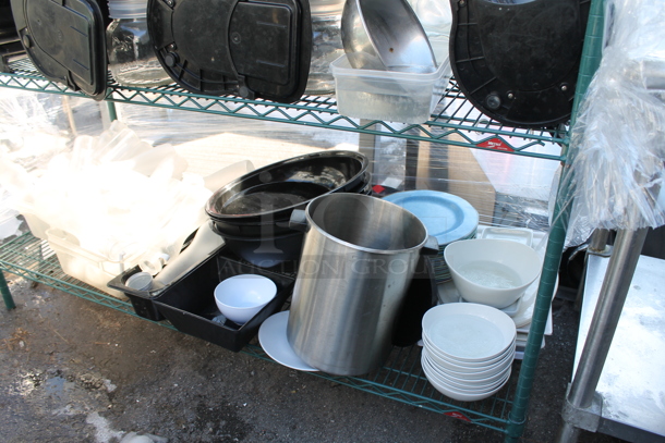 Metro Green Metal 4 Tier Wire Shelving Unit w/ Contents Including Air Pots and Urns. BUYER MUST DISMANTLE. PCI CANNOT DISMANTLE FOR SHIPPING. PLEASE CONSIDER FREIGHT CHARGES. - Image 2 of 6