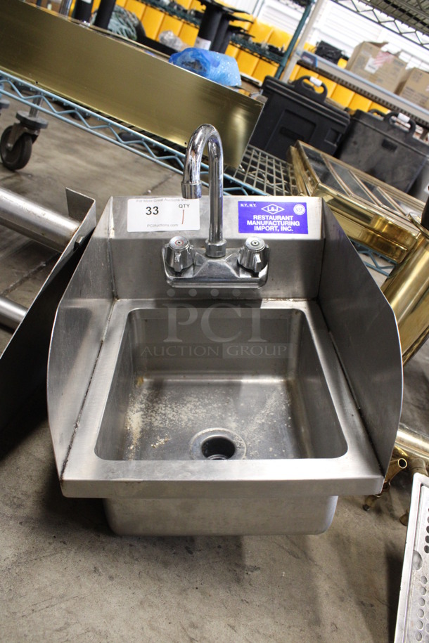 Stainless Steel Commercial Single Bay Wall Mount Sink w/ Faucet, Handles and Side Splash Guards. 12x16x18