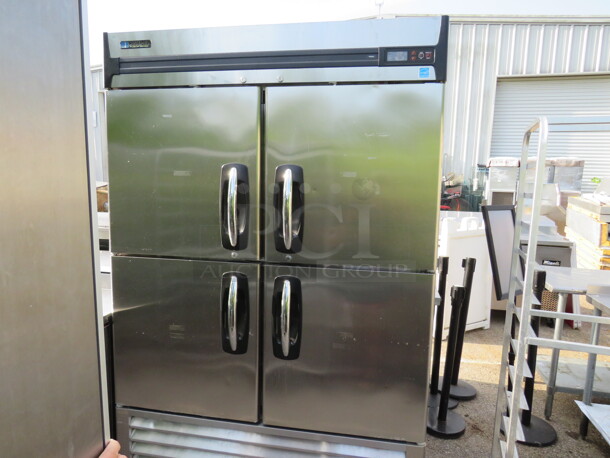 One WORKING Stainless Steel 2 Door Masterbilt Freezer With 4 Solid Doors, And 4 Shelves on Casters. Model# F49SH. 115 Volt. 55X31X84