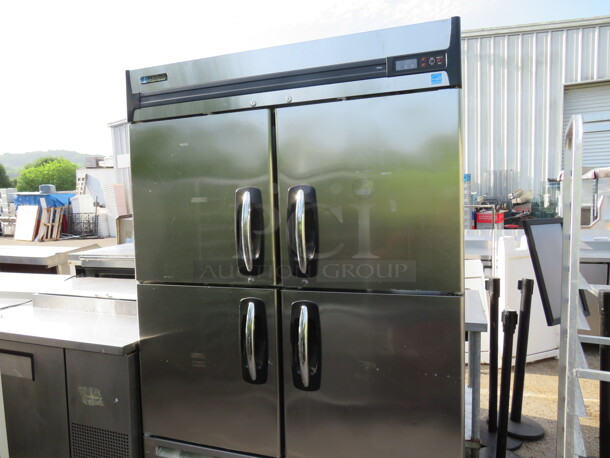 One WORKING Stainless Steel 2 Door Masterbilt Freezer With 4 Solid Doors, And 4 Shelves on Casters. Model# F49SH. 115 Volt. 55X31X84 - Image 2 of 4