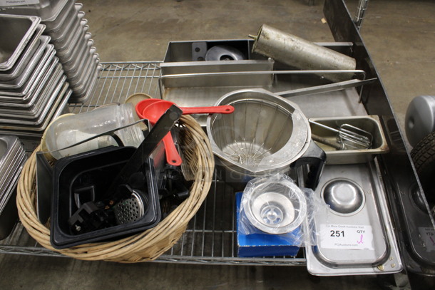 ALL ONE MONEY! Lot of Various Items Including Metal Pieces, Metal Brew Basket, Wicker Basket and Poly Scoopers!