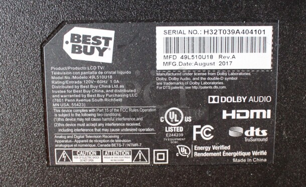 Toshiba Model 49L510U18 49" Television. 120 Volts, 1 Phase. Buyer Must Pick Up - We Will Not Ship This Item. Tested and Does Not Power On - Image 6 of 6