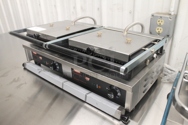 BRAND NEW SCRATCH AND DENT! Hatco MCG20G Stainless Steel Commercial Countertop Multi Contact Double Panini Sandwich Grill with Grooved Cast Iron Plates. 20" x 10 1/4" Cooking Surface. 240 Volts, 1 Phase.  - Image 3 of 7