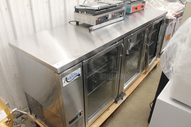BRAND NEW SCRATCH AND DENT! 2023 Avantco 178UBB4GHCS Stainless Steel Commercial 3 Door Back Bar Cooler Merchandiser. See Pictures for 2 Broken Glass Doors. 115 Volts, 1 Phase. Tested and Working! - Image 1 of 8