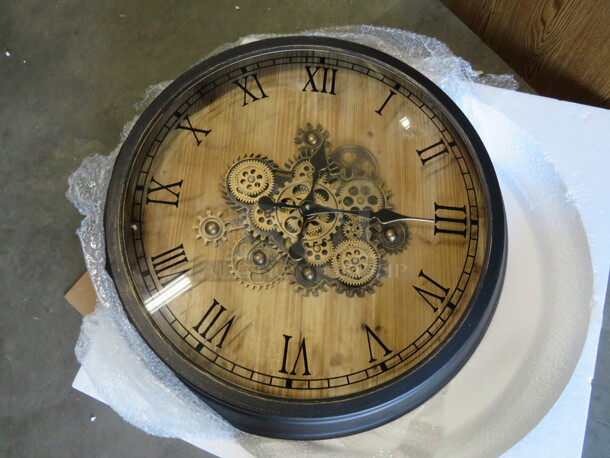 One NEW Glitz Home 28 Inch D Vintage Industrial Wooden/Metal Gear Wall Clock.