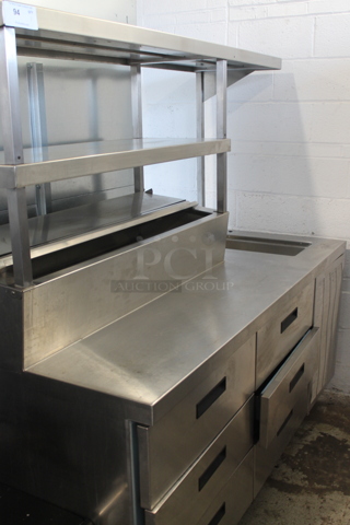 Delfield Stainless Steel Commercial Prep Table w/ 6 Drawers and 2 Tier Over Shelf. Tested and Does Not Power On