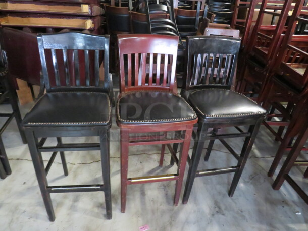 Assorted Wooden  Bar Height Chair With A Black Cushioned  Seat, With Nail Head Trim. 3XBID