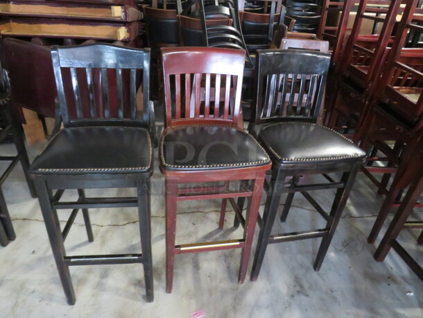Assorted Wooden  Bar Height Chair With A Black Cushioned  Seat, With Nail Head Trim. 3XBID - Image 1 of 2