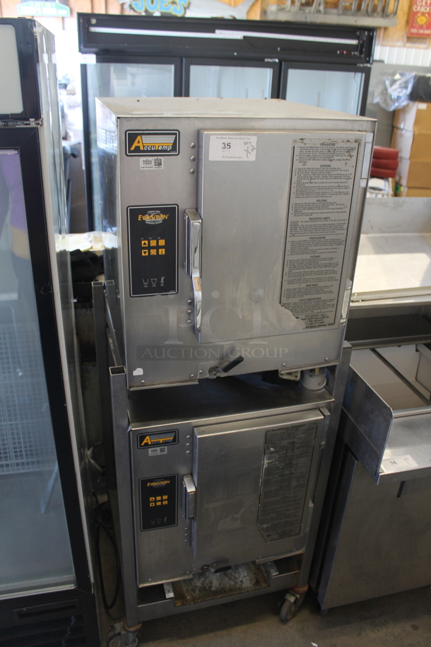 2 2010 AccuTemp E62083D15000250 Stainless Steel Commercial Electric Powered Single Deck Steam Cabinet on Stand w/ Commercial Casters. 208 Volts, 3 Phase. 2 Times Your Bid!