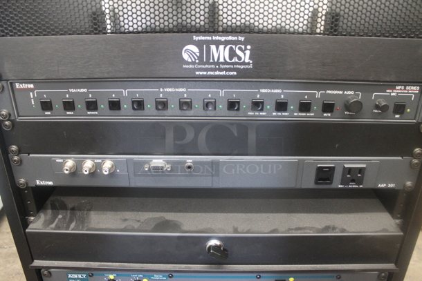6 Electronic Rack Units in Black Metal Cabinet; Middleby Atlantic Power Center, Crestron Control Processor, Crestron Volume Tone Control, Ashly SRA-120 Power Amplifier, Extron AAP 301 Interface Extron Media Presentation Switcher. 6 Times Your Bid!   - Image 6 of 12