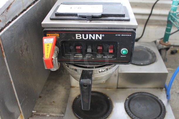 Bunn CWTF15 Stainless Steel Commercial Countertop 3 Burner Coffee Machine w/ Hot Water Dispenser and Metal Brew Basket. 120 Volts, 1 Phase.  - Image 3 of 9