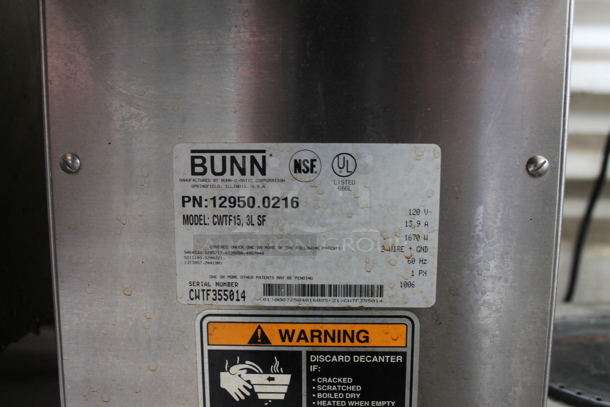 Bunn CWTF15 Stainless Steel Commercial Countertop 3 Burner Coffee Machine w/ Hot Water Dispenser and Metal Brew Basket. 120 Volts, 1 Phase.  - Image 7 of 9