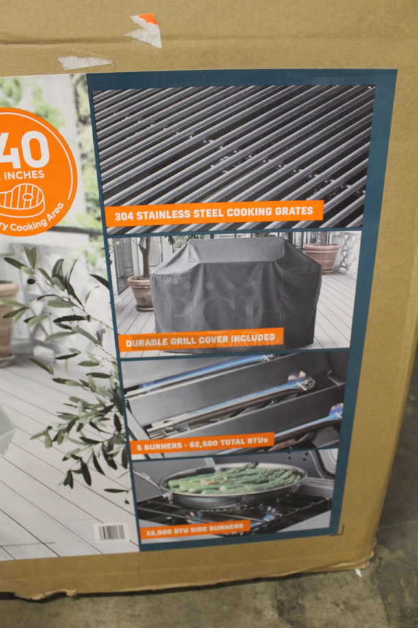 BRAND NEW IN BOX! Members Mark Pro Series G70302/G70302-1 Stainless Steel Commercial 5 Burner Propane Gas Powered Flat Top Griddle Portable Grill on Commercial Casters. Stock Picture Used For Gallery Picture. - Image 3 of 5