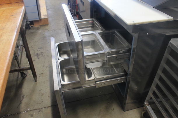 Delfield Stainless Steel Commercial Sandwich Salad Prep Table w/ 4 Drawers and Over Shelf on Commercial Casters. 115 Volts, 1 Phase. Tested and Working! - Image 6 of 6