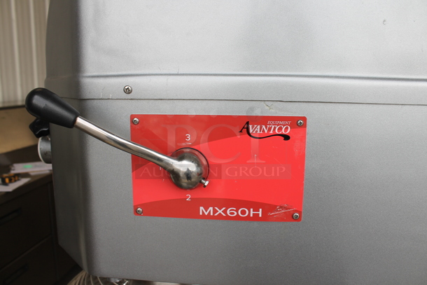 BRAND NEW SCRATCH AND DENT! Avantco 177MX60 Metal Commercial Floor Style 60 Quart Planetary Dough Mixer w/ Stainless Steel Mixing Bowl, Bowl Guard, Extra Bowl Support Piece, Dolly, Dough Hook, Paddle and Whisk Attachments. 240 Volts, 3 Phase. Tested and Working! - Image 6 of 12