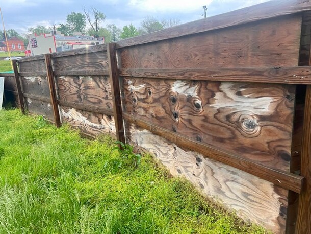 Grand Slam! Right Wall of Ball Field. Treated Lumber. Wall Constructed of Approx. 16- 8x10' on 2x4/2x6/4x4/6x6 Framework.
Sponsor Signs Not Included

BUYER REMOVAL 
**LABOR FOR REMOVAL ADDITIONAL FEE, CONTACT MISSOURI DIVISION FOR LABOR QUOTE OR ADDITIONAL QUESTIONS. - Image 2 of 3