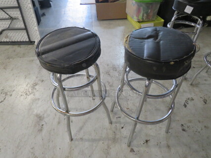 Double Chrome Ring Bar Stool With A Black Cushioned Swivel Seat. Need To Be Recovered. 2XBID