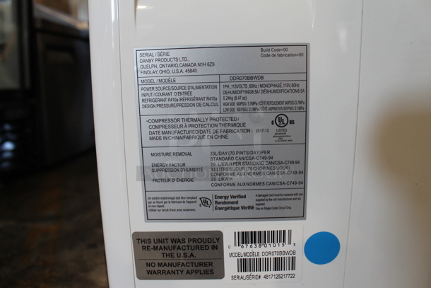 BRAND NEW SCRATCH AND DENT! Danby Premiere DDR070BBWDB 70 Pint Energy Star Direct Drain Dehumidifier. 115 Volts, 1 Phase. Tested and Working! - Image 5 of 7