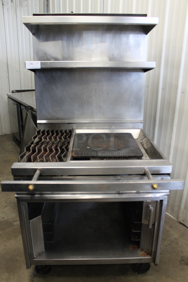 Stainless Steel Commercial Countertop Natural Gas Powered 2 Burner Charbroiler Grill and Flat Top Griddle Station w/ 2 Tier Over Shelf on Commercial Casters. - Image 1 of 11
