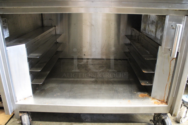 Stainless Steel Commercial Countertop Natural Gas Powered 2 Burner Charbroiler Grill and Flat Top Griddle Station w/ 2 Tier Over Shelf on Commercial Casters. - Image 10 of 11