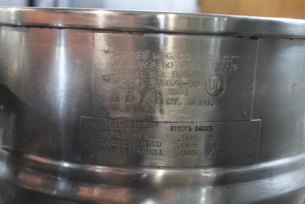 Groen TDB/4-20 Stainless Steel Commercial Countertop Electric Powered 40 Quart Tilting Steam Kettle on Equipment Stand. 208 Volts, 3 Phase. - Image 8 of 9