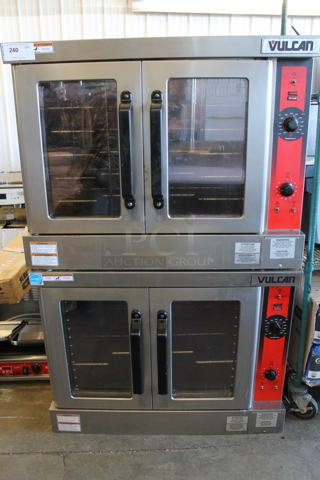 2 LIKE NEW! Vulcan VC4ED Stainless Steel Commercial Electric Powered Full Size Convection Ovens w/ View Through Doors, Metal Oven Racks and Thermostatic Controls. 208 Volts, 3/1 Phase. 2 Times Your Bid!