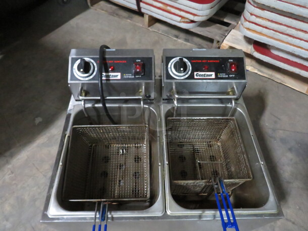 One Centaur Counter Top 32lb Double Deep Fryer With 2 Baskets. Model# ABF32-208V. 5800-7600 Watt. 208 Volt. 1 Phase. 21.5X18X17. Working When Removed. $390.00. - Image 2 of 3