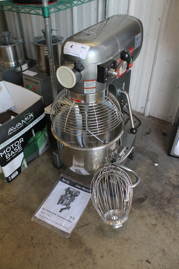 BRAND NEW SCRATCH AND DENT! Avantco 177MX20H Metal Commercial Floor Style 20 Quart Planetary Dough Mixer w/ Stainless Steel Mixing Bowl, Bowl Guard, Paddle, Whisk and Dough Hook Attachments. 120 Volts, 1 Phase. Tested and Working! - Image 1 of 10