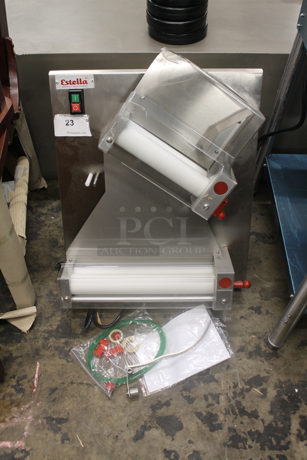 BRAND NEW SCRATCH AND DENT! Estella 348EDS12D Stainless Steel Commercial Countertop 12" Double Pass Dough Sheeter. Stock Picture Used as Gallery. 120 Volts, 1 Phase. Tested and Working! - Image 1 of 10